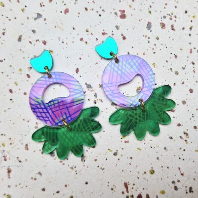 Boucles d'oreilles - Round and leaf (violet et vert)