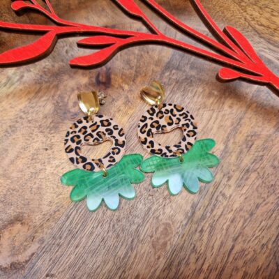 Boucles d'oreilles - Round and leaf (vert et leopart)